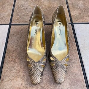 J Renee Women’s Size 9N Marion Gold/Cream Faux Snakeskin Kitten Heel Pumps
